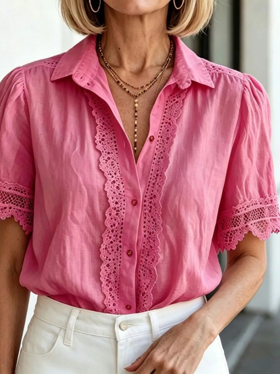 Lace-Trimmed Short Sleeve Button-Down Shirt