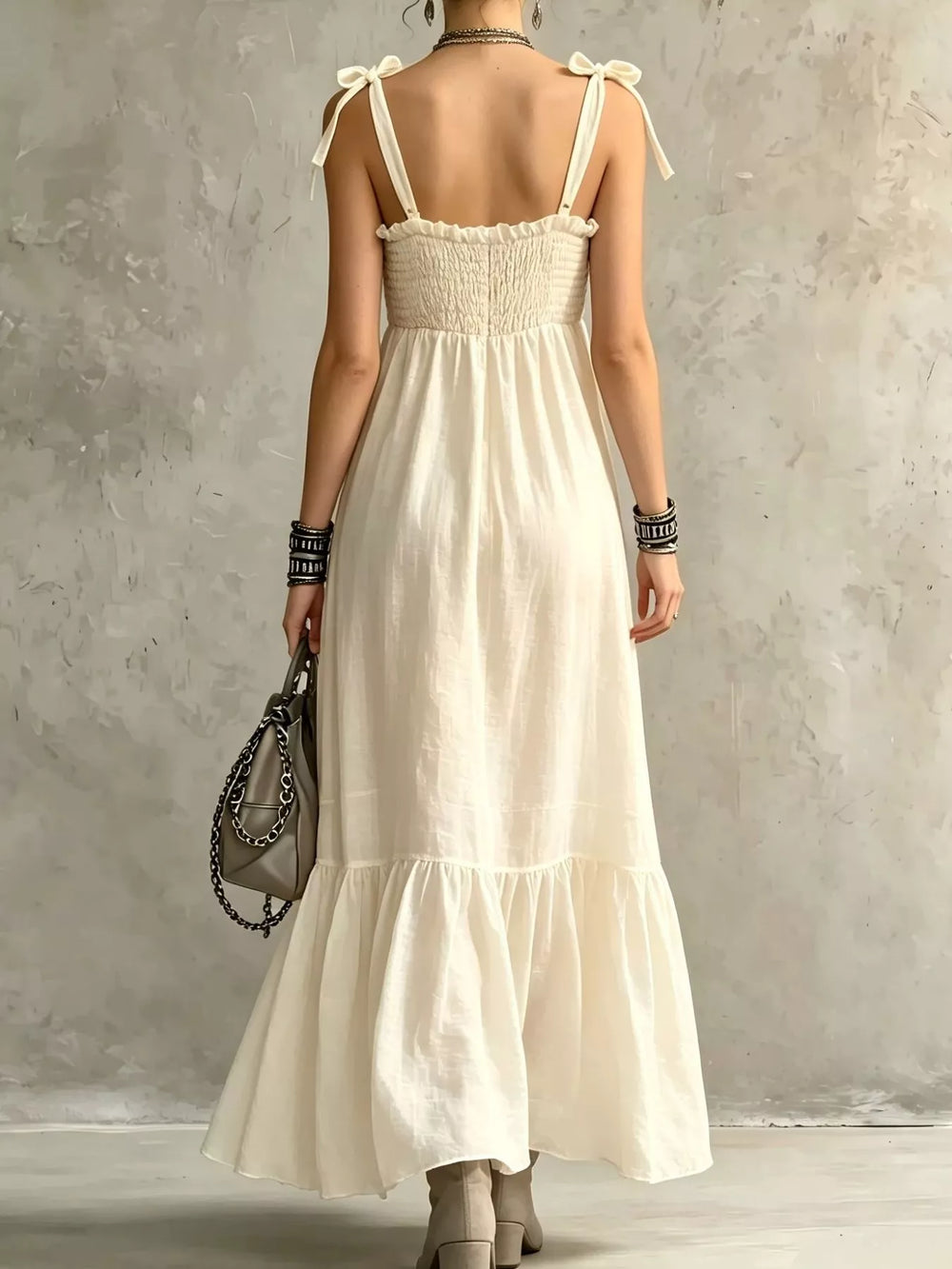 Smocked Tie-Shoulder Maxi Dress