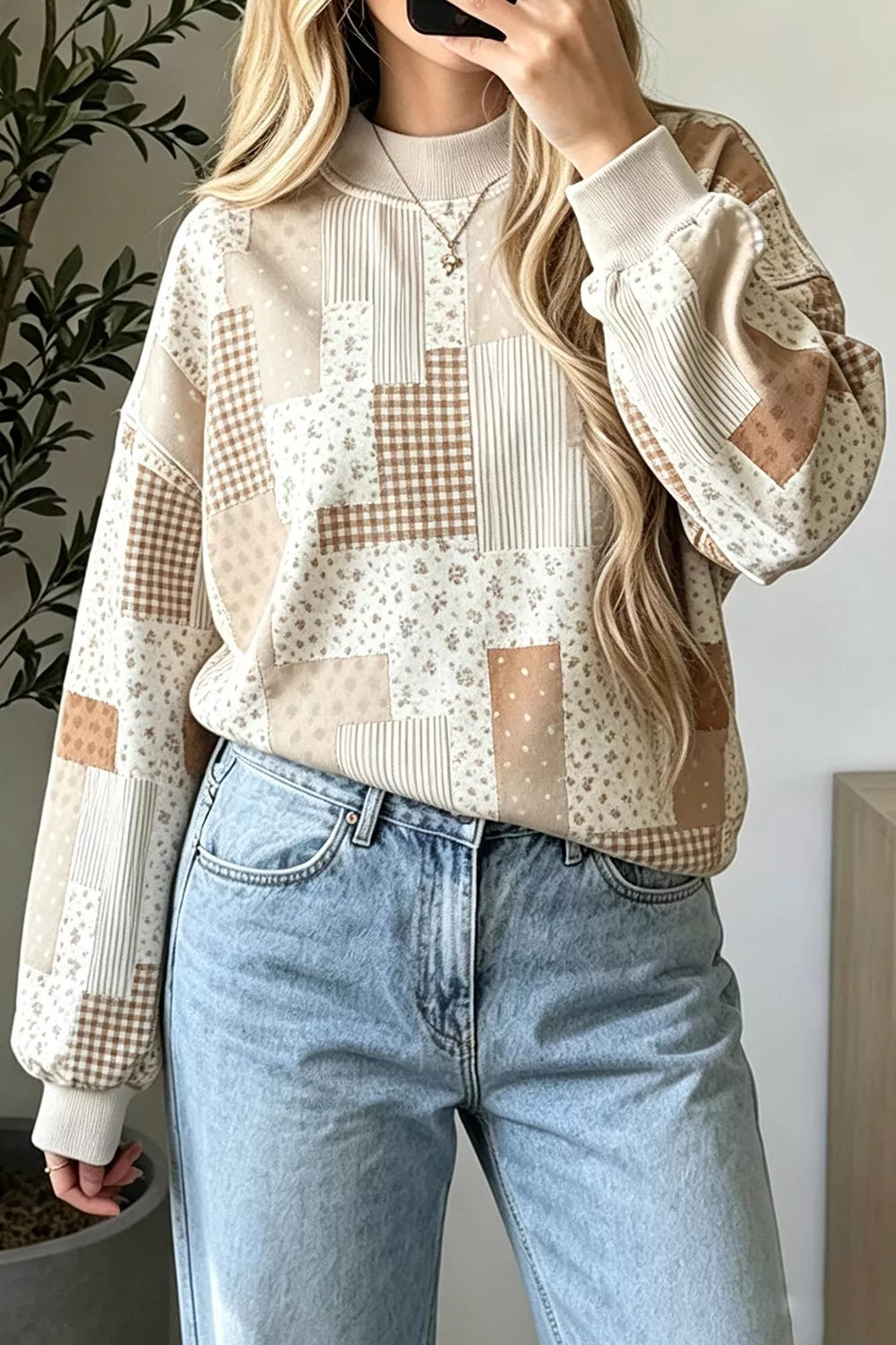 Vintage Patchwork Print Dropped Shoulder Sweatshirt