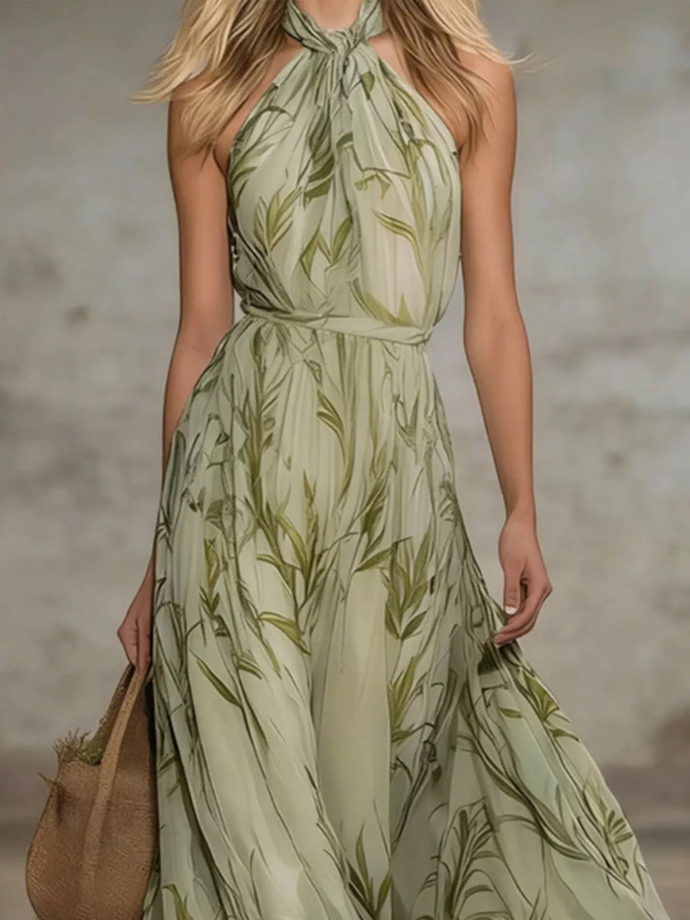 Leaf Print Sleeveless Chiffon Maxi Dress