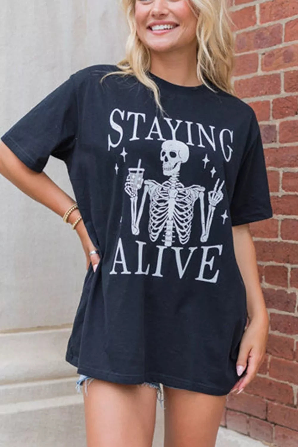 STAYING ALIVE Funny Skeleton Graphic Round Neck T Shirt