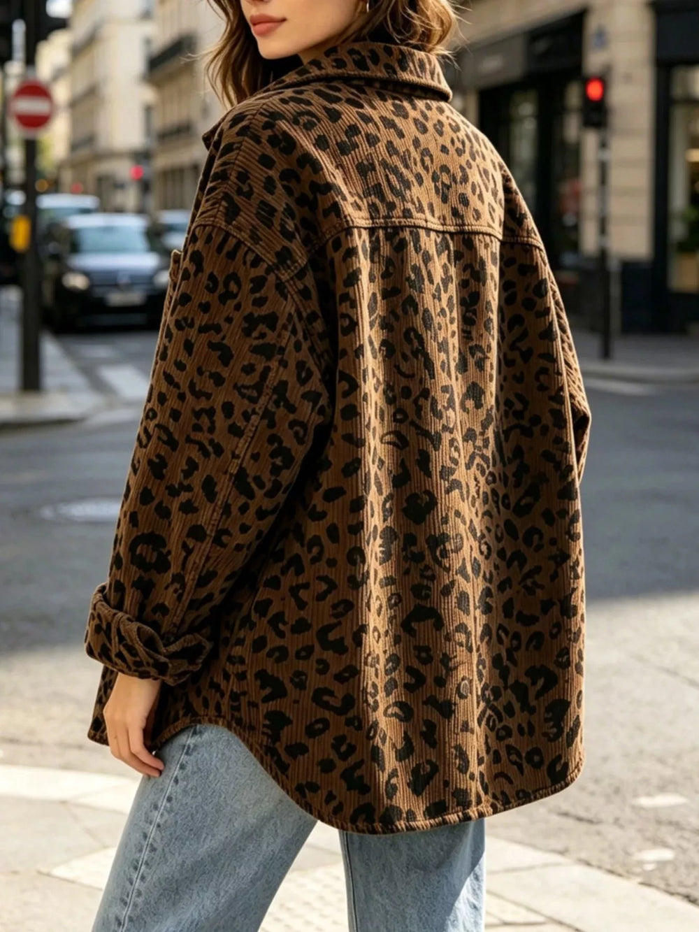 Oversized Leopard Corduroy Button-Down Shirt