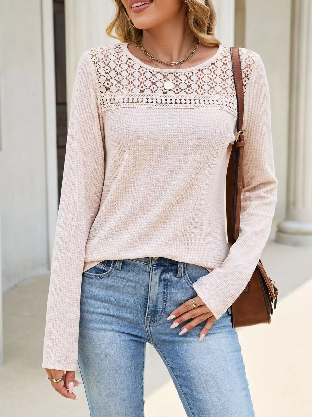 Lace Panel Waffle Knit Long Sleeve T-Shirt