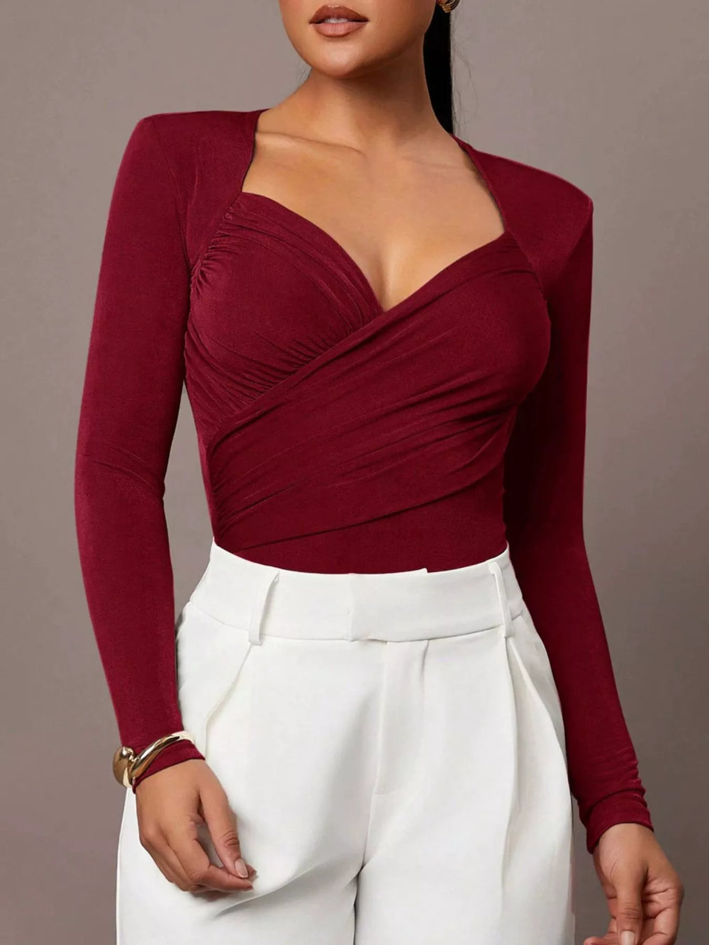 Ruched Surplice Long Sleeve Bodysuit