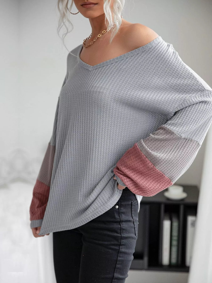 V-Neck Waffle Knit Long Sleeve T-Shirt