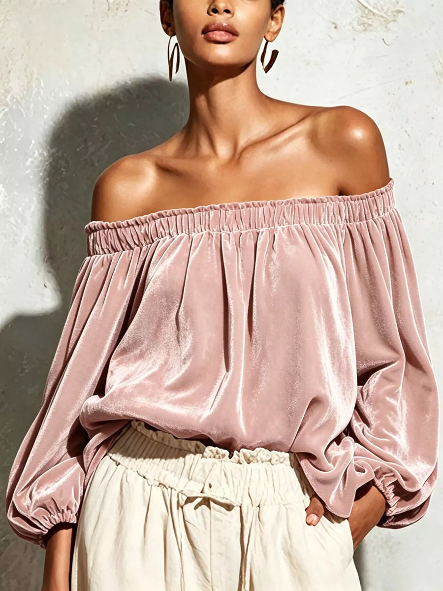 Off-Shoulder Velvet Long Sleeve T-Shirt