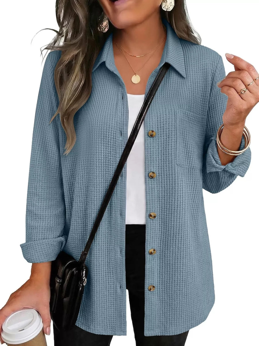 Waffle Knit Button-Down Long Sleeve Shirt