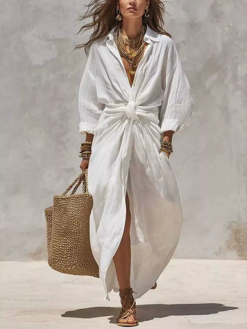 Front-Tie Maxi Shirt Dress