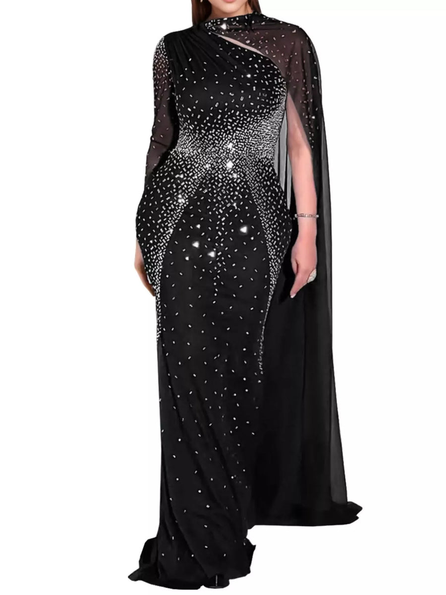 Rhinestone Embellished Cape Maxi Dress