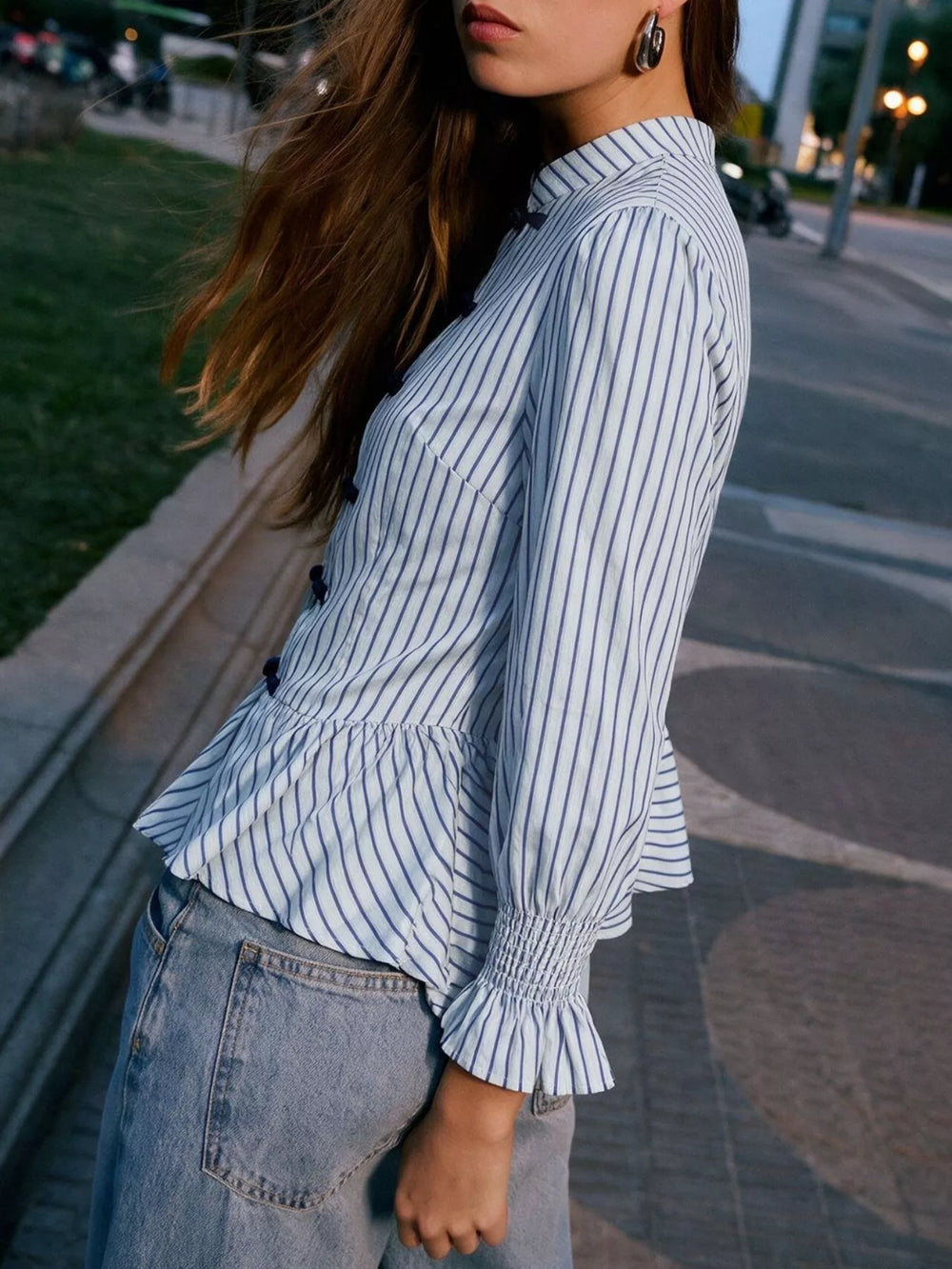 Striped Mandarin Knot Buttons Peplum Hem Shirt