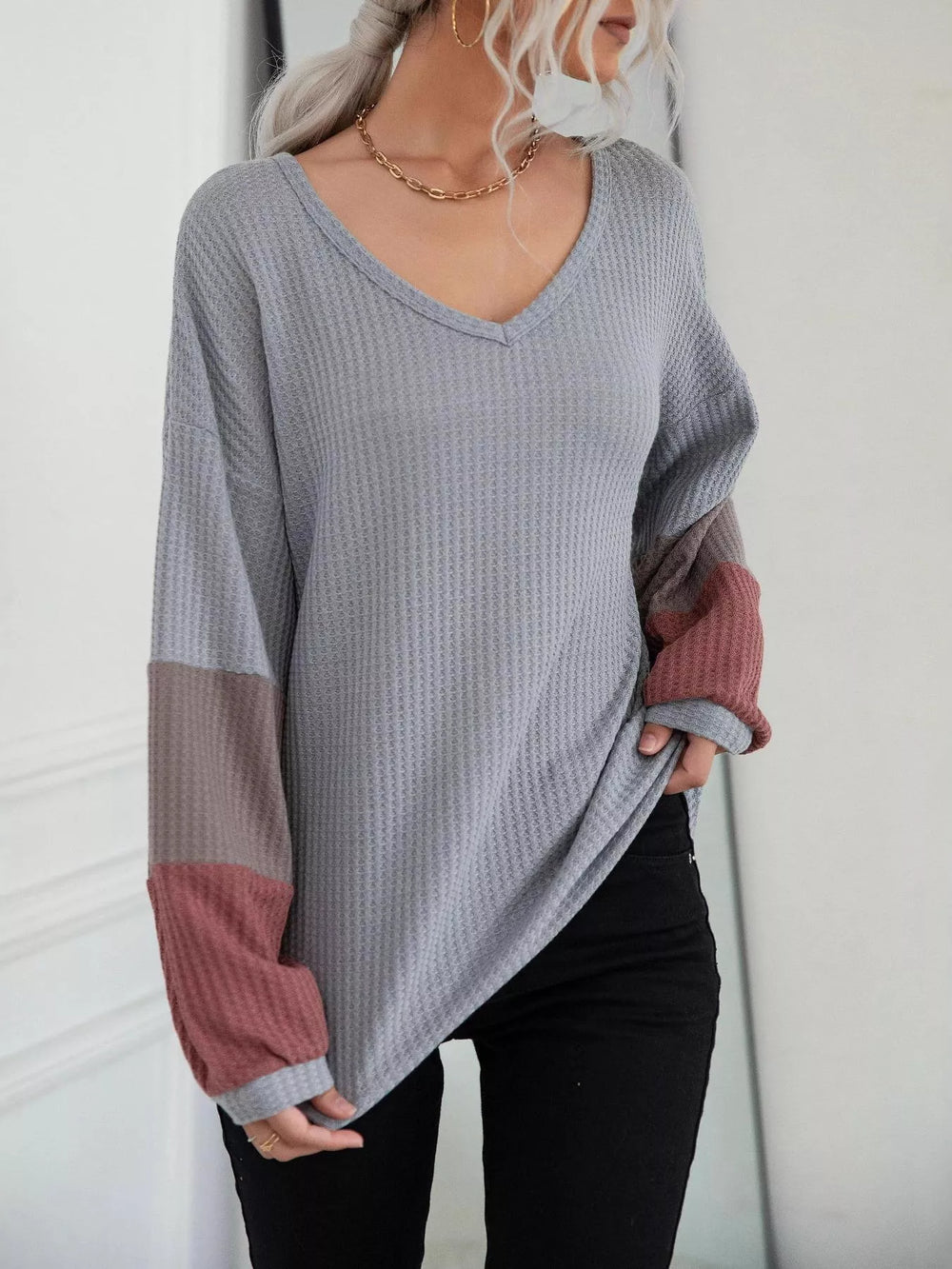 V-Neck Waffle Knit Long Sleeve T-Shirt