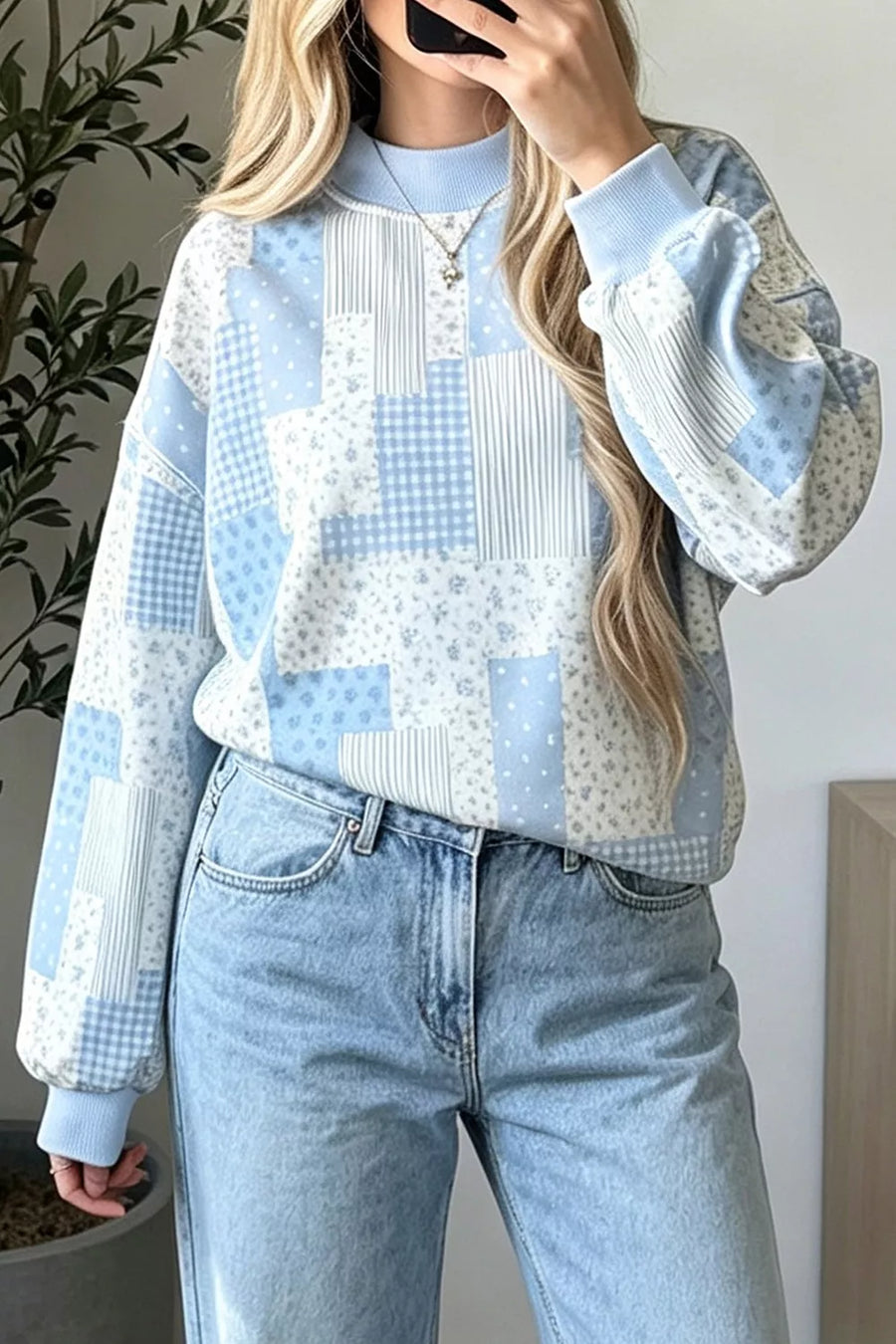 Vintage Patchwork Print Dropped Shoulder Sweatshirt