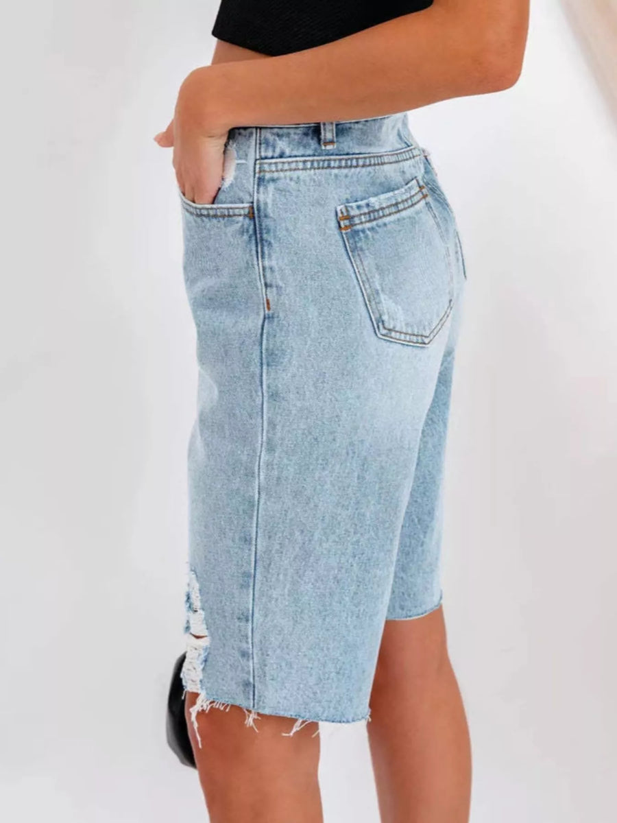 High-Waisted Distressed Denim Shorts