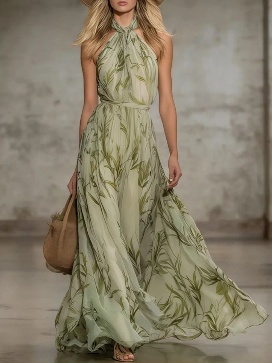 Leaf Print Sleeveless Chiffon Maxi Dress