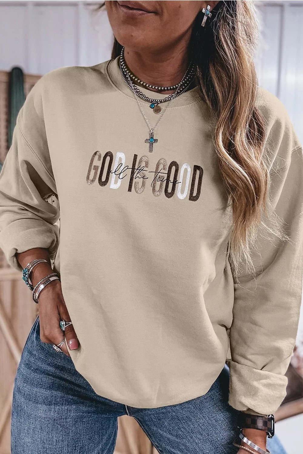 God Is Good Letter Graphic Crew Neck Sweatshirt