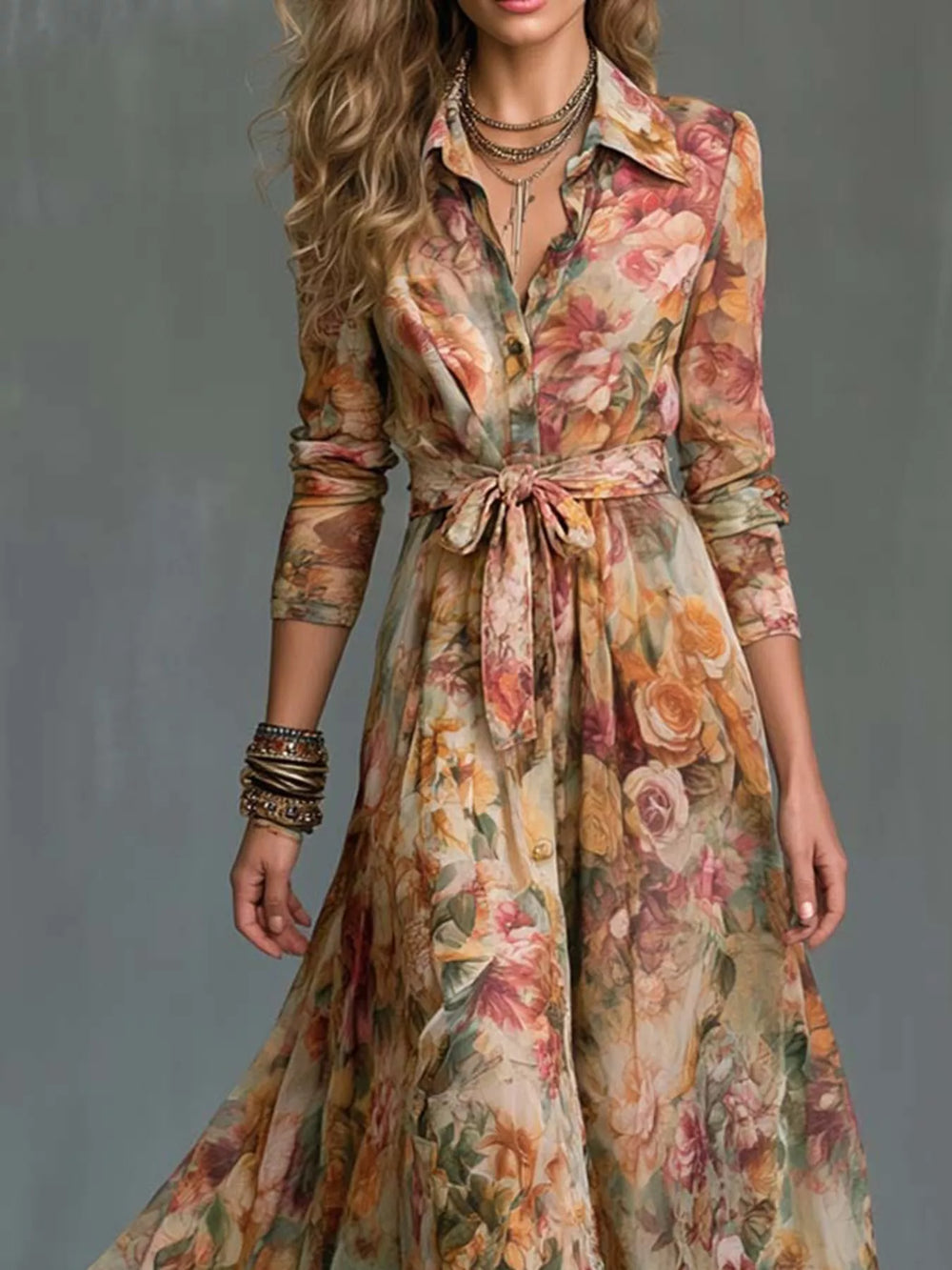 Floral Print Long Sleeve Maxi Shirt Dress
