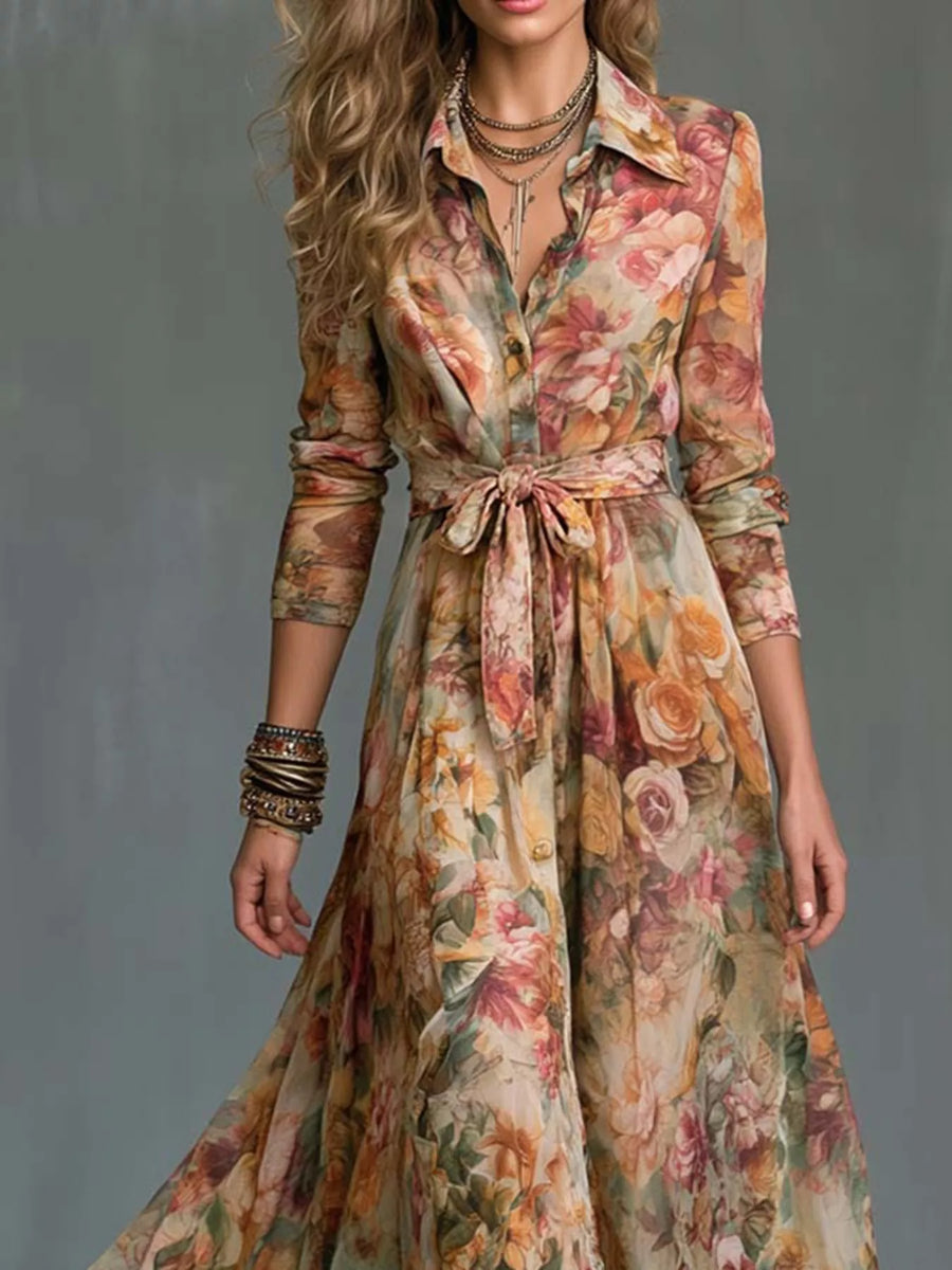 Floral Print Long Sleeve Maxi Shirt Dress