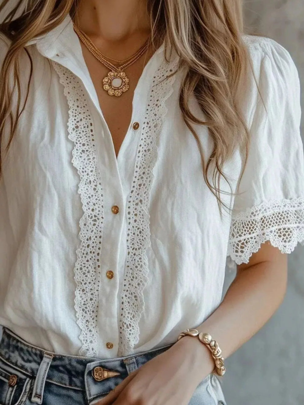 Lace-Trimmed Short Sleeve Button-Down Shirt