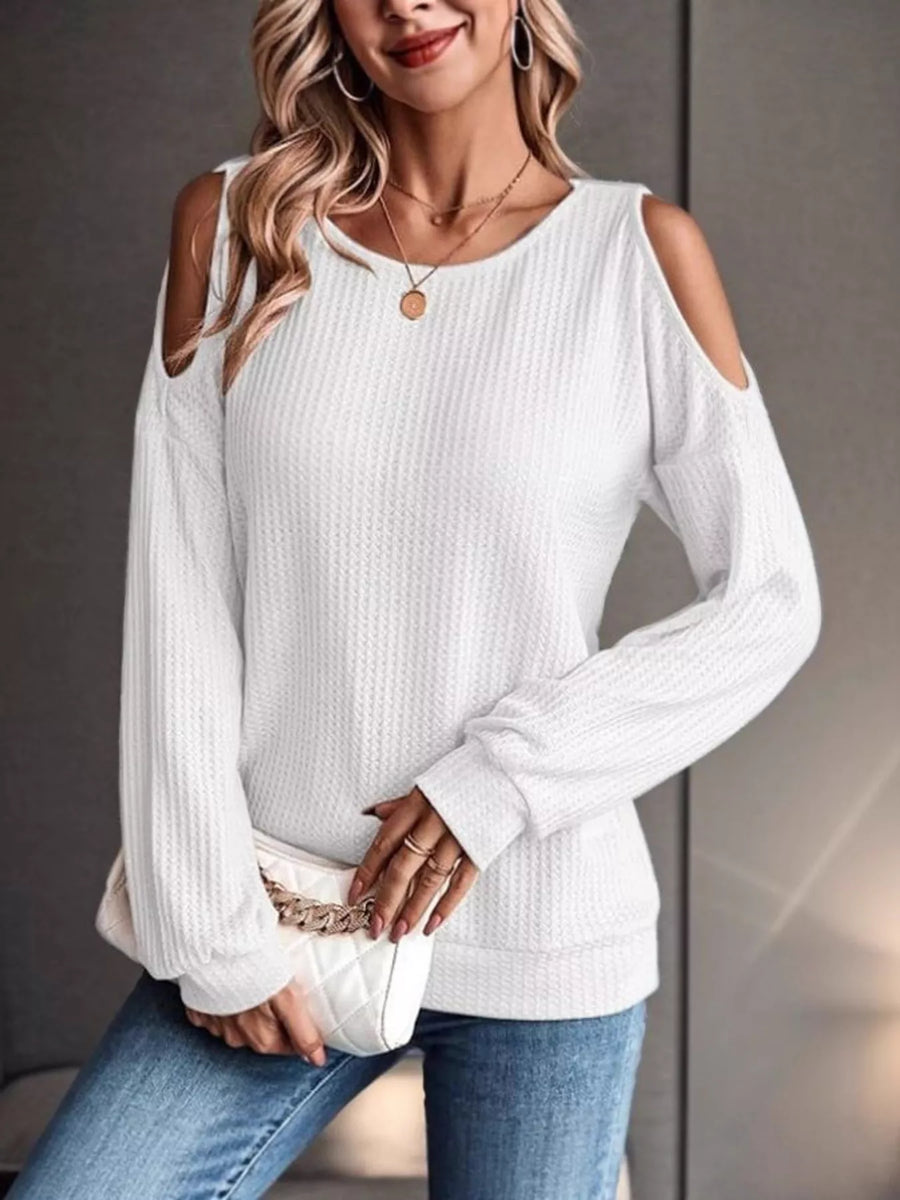 Solid Color Cold Shoulder Long Sleeve T-Shirt