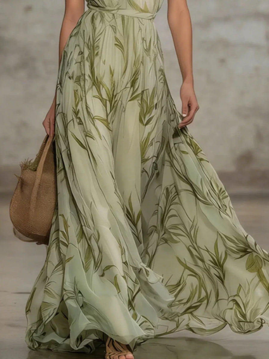 Leaf Print Sleeveless Chiffon Maxi Dress