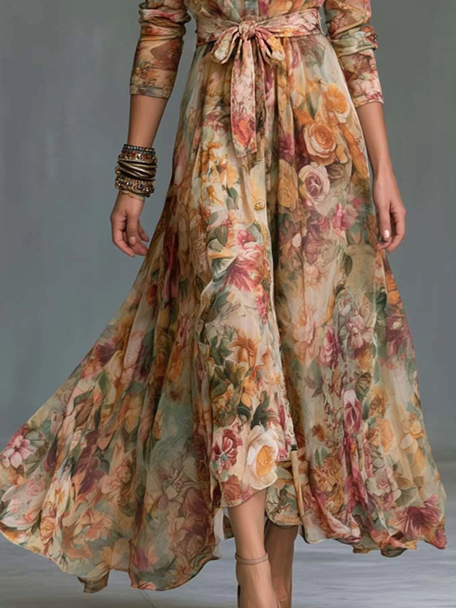 Floral Print Long Sleeve Maxi Shirt Dress