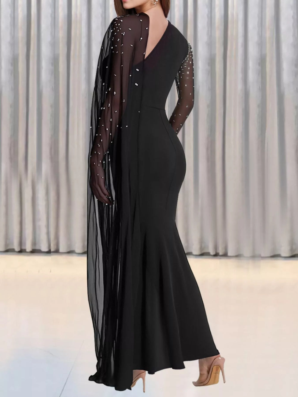 Rhinestone Embellished Cape Maxi Dress
