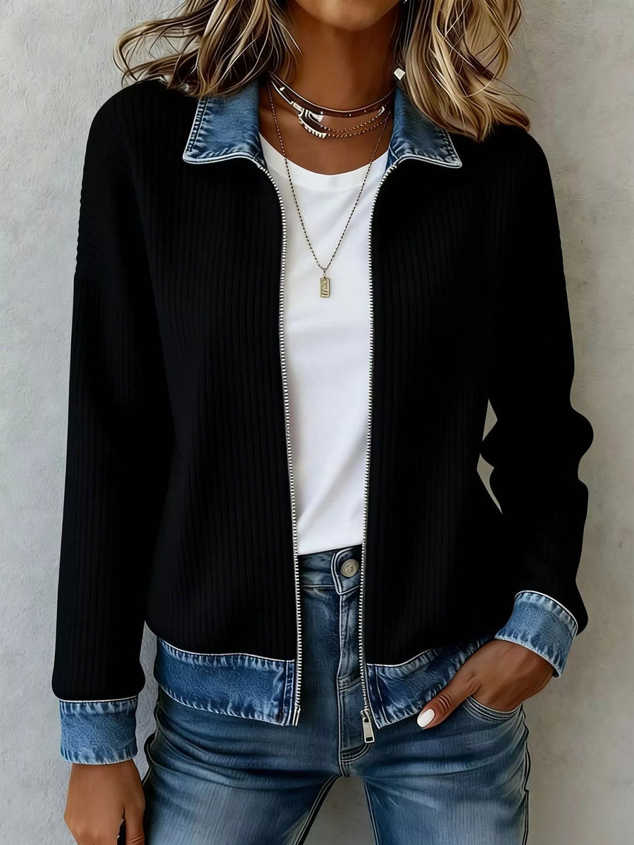 Contrast Denim Collar Ribbed Knit Jacket
