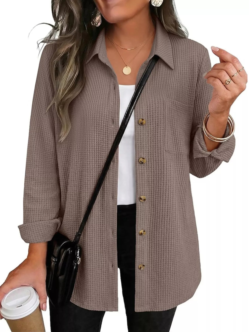 Waffle Knit Button-Down Long Sleeve Shirt
