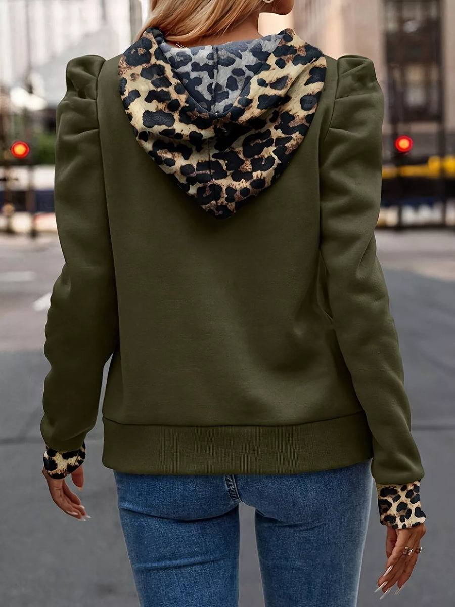 Drawstring Leopard Puff Sleeve Hoodie
