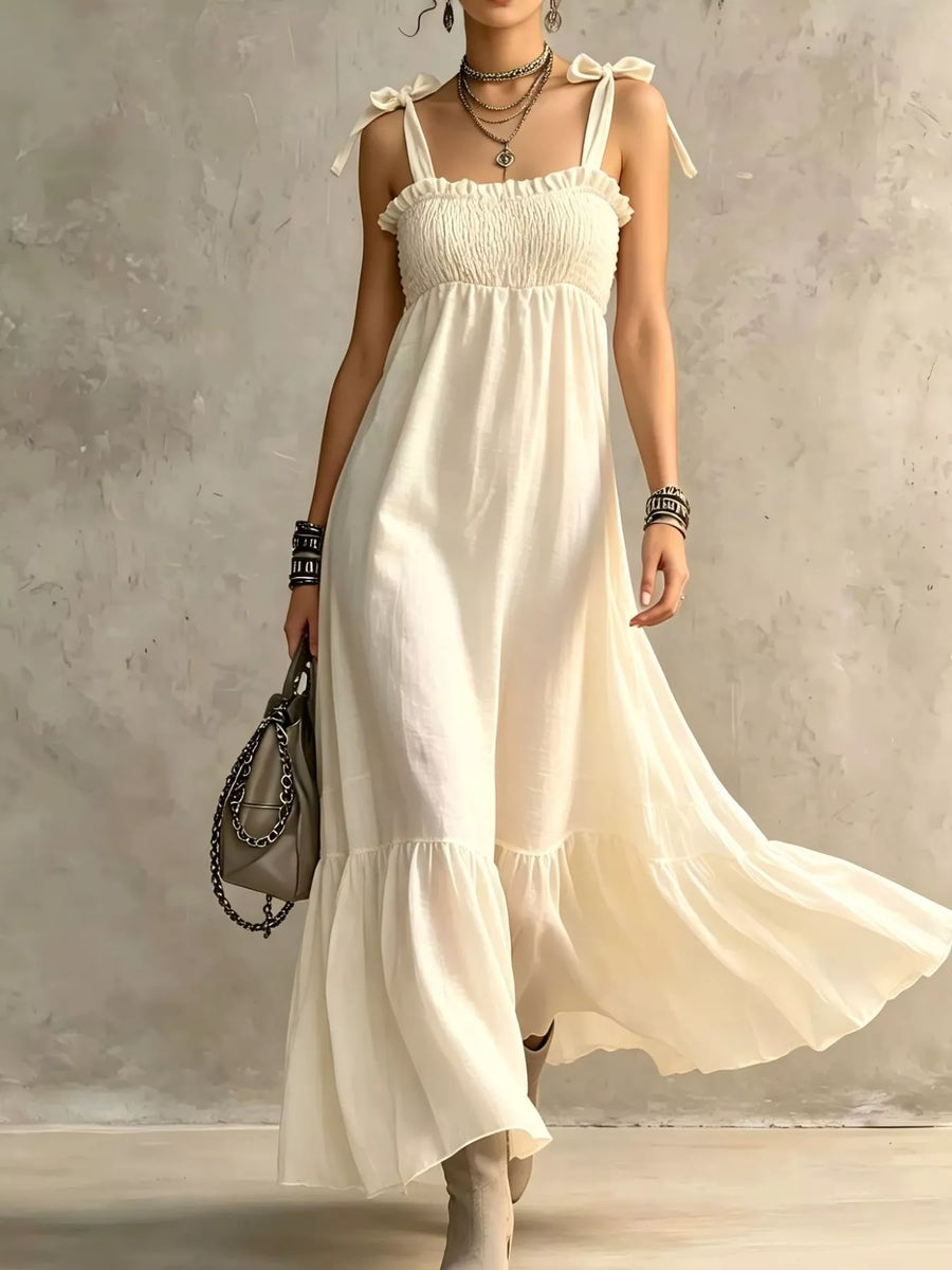 Smocked Tie-Shoulder Maxi Dress