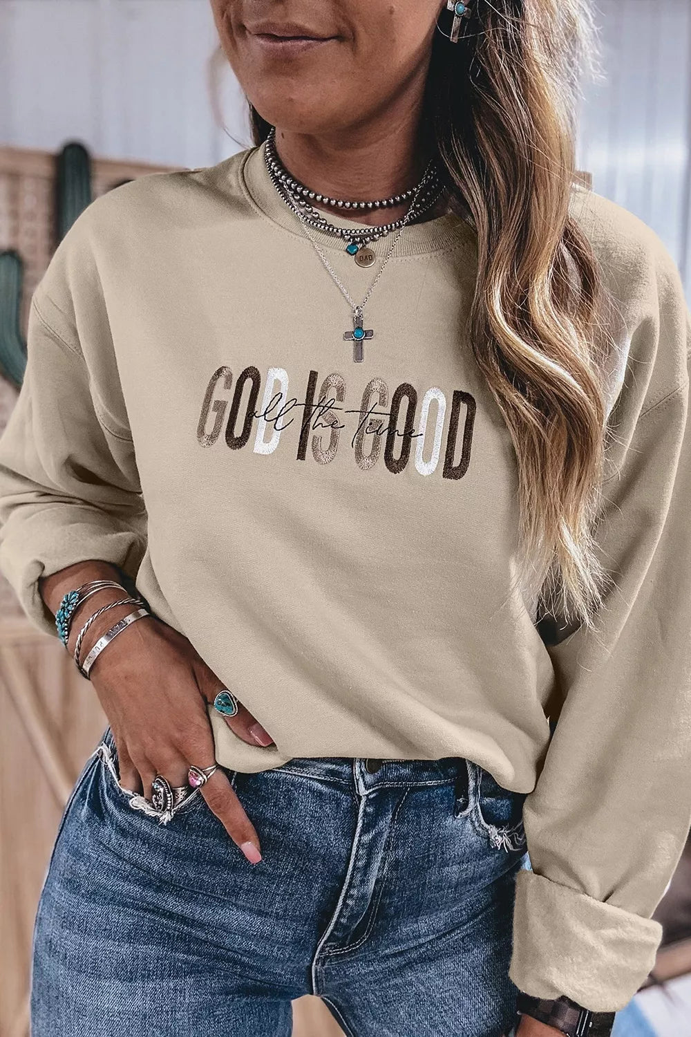 God Is Good Letter Graphic Crew Neck Sweatshirt
