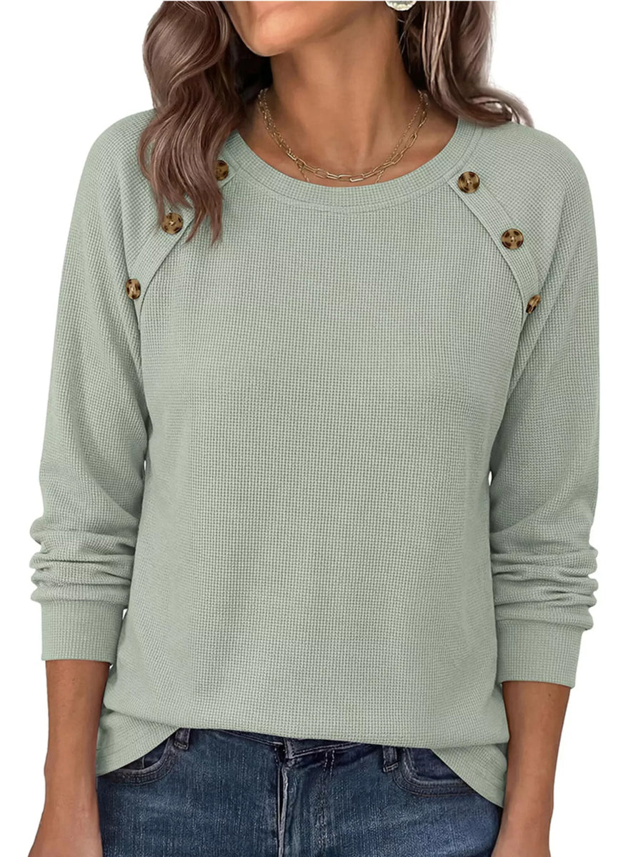 Decorative Button Waffle Knit Long Sleeve T-Shirt