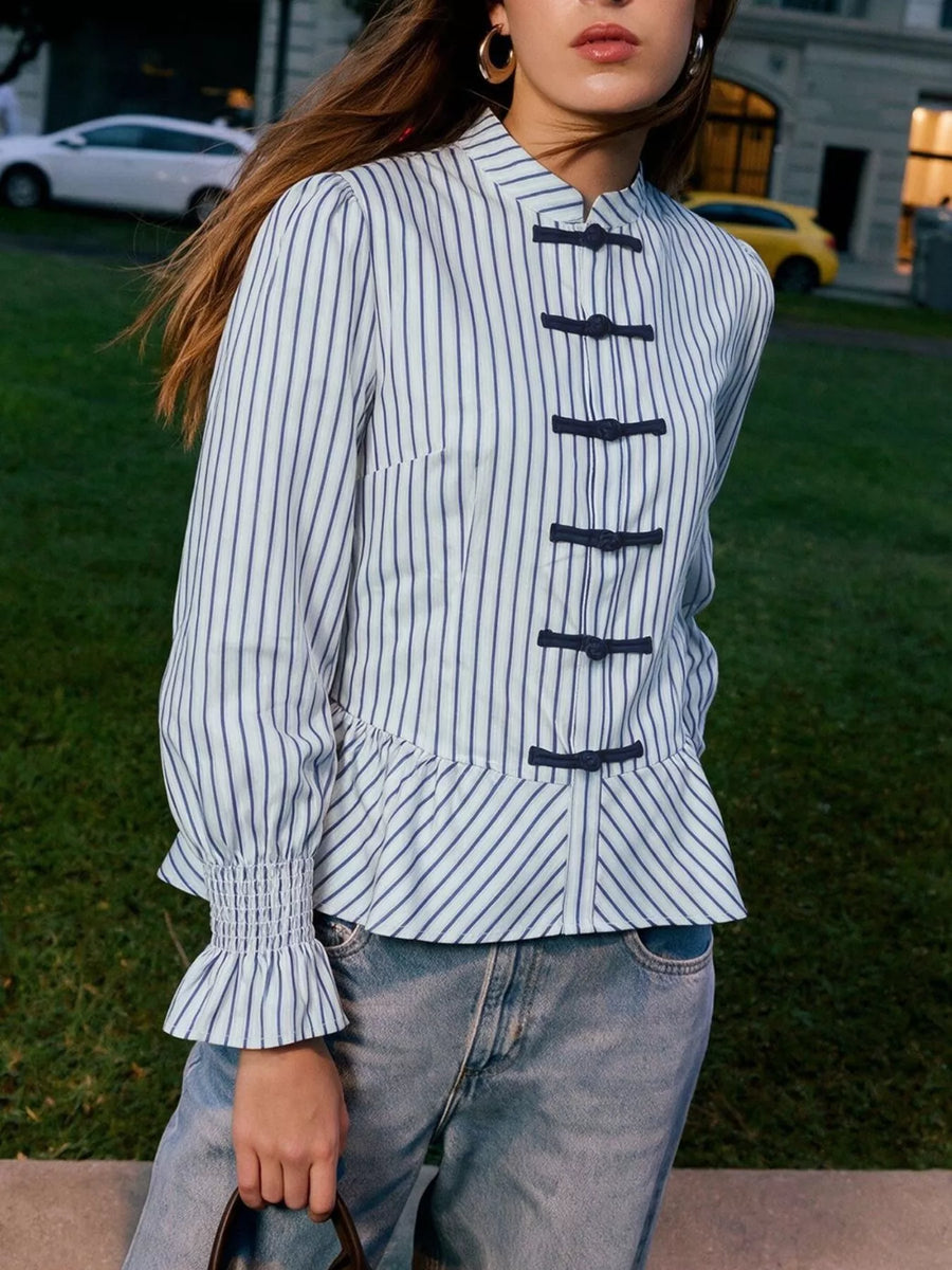 Striped Mandarin Knot Buttons Peplum Hem Shirt