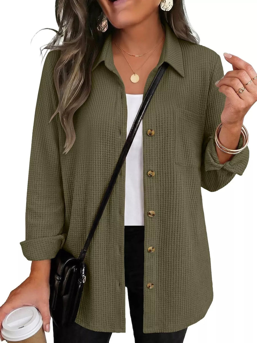 Waffle Knit Button-Down Long Sleeve Shirt