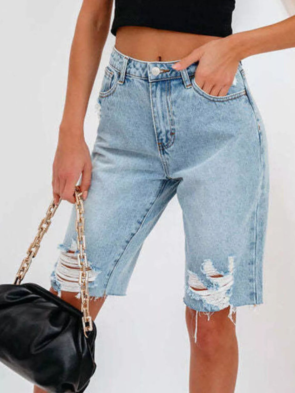 High-Waisted Distressed Denim Shorts