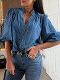 Puff Sleeve Button Front Denim Top