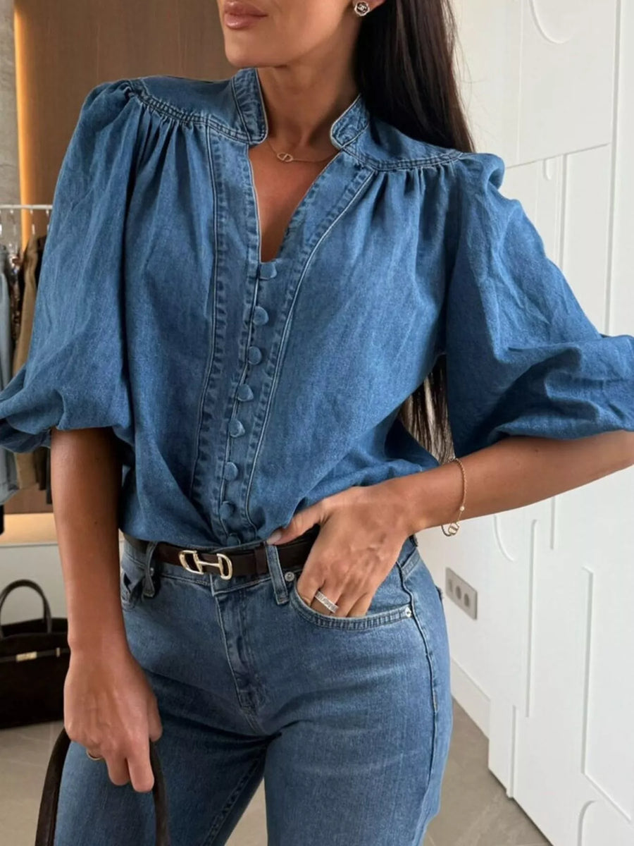 Puff Sleeve Button Front Denim Top