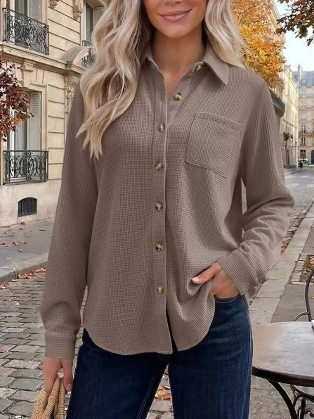 Waffle Knit Button-Down Long Sleeve Shirt