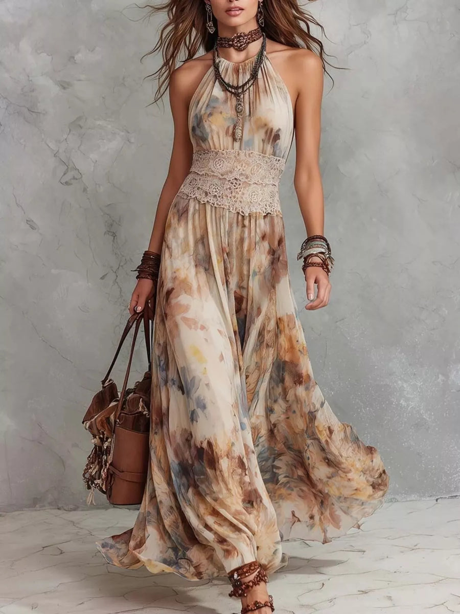Floral Print Halter Neck Maxi Dress