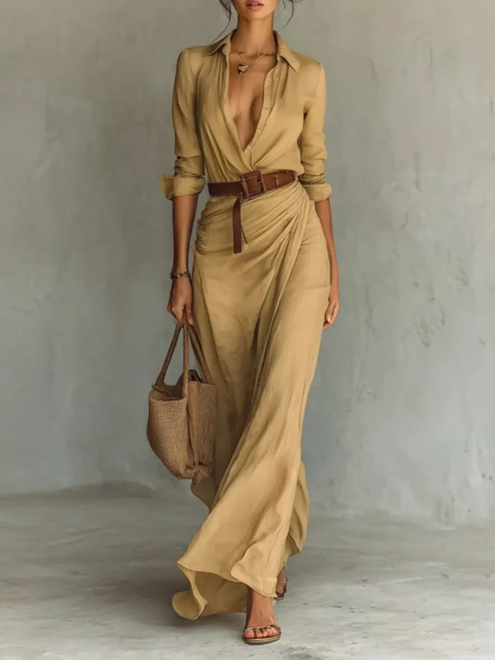 Button Front Long-Sleeve Shirt Maxi Dress