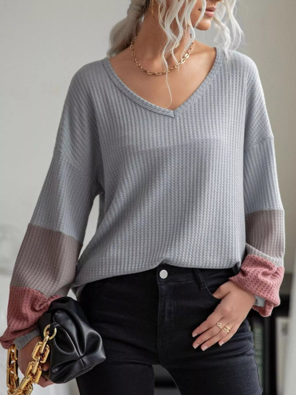 V-Neck Waffle Knit Long Sleeve T-Shirt