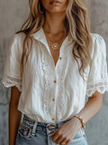 Lace-Trimmed Short Sleeve Button-Down Shirt