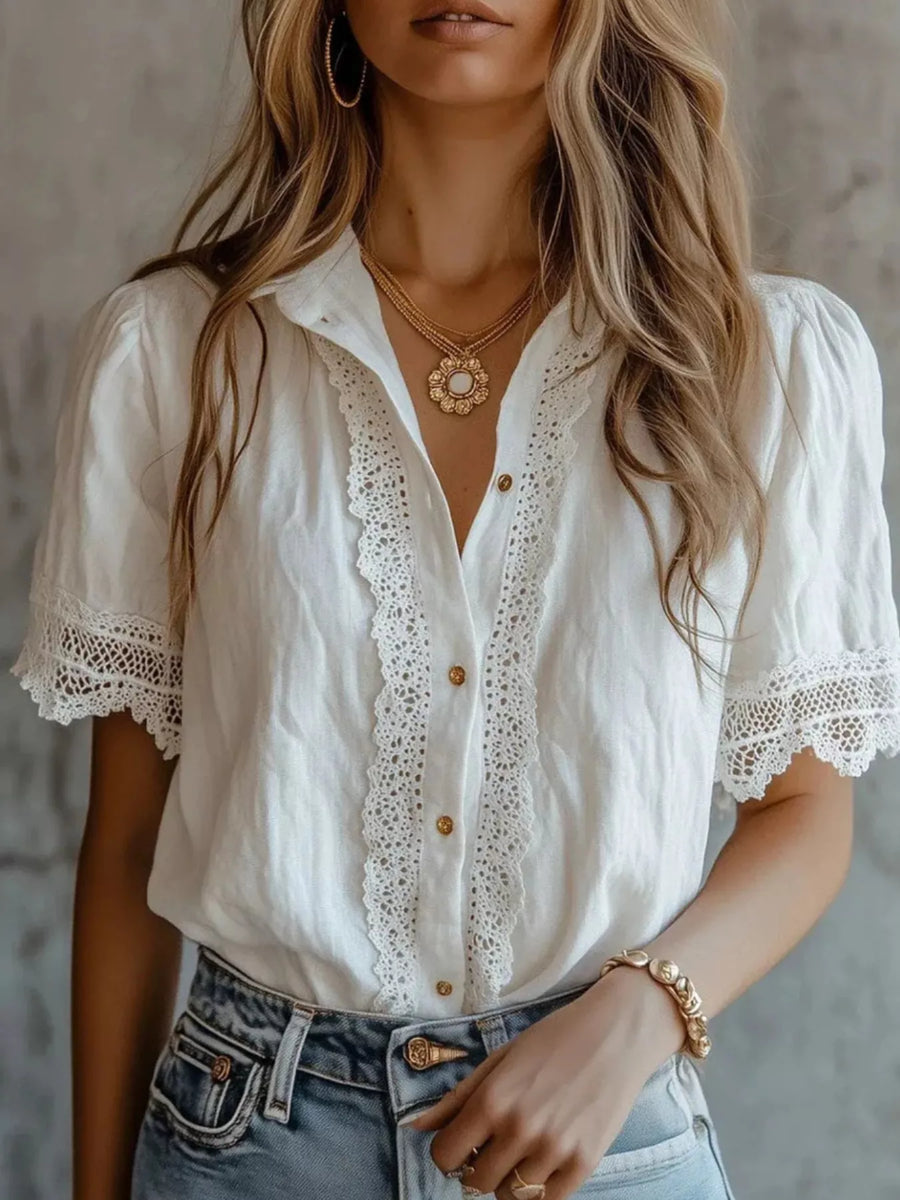 Lace-Trimmed Short Sleeve Button-Down Shirt