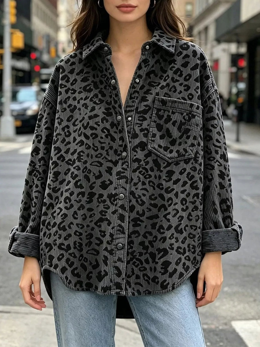 Oversized Leopard Corduroy Button-Down Shirt